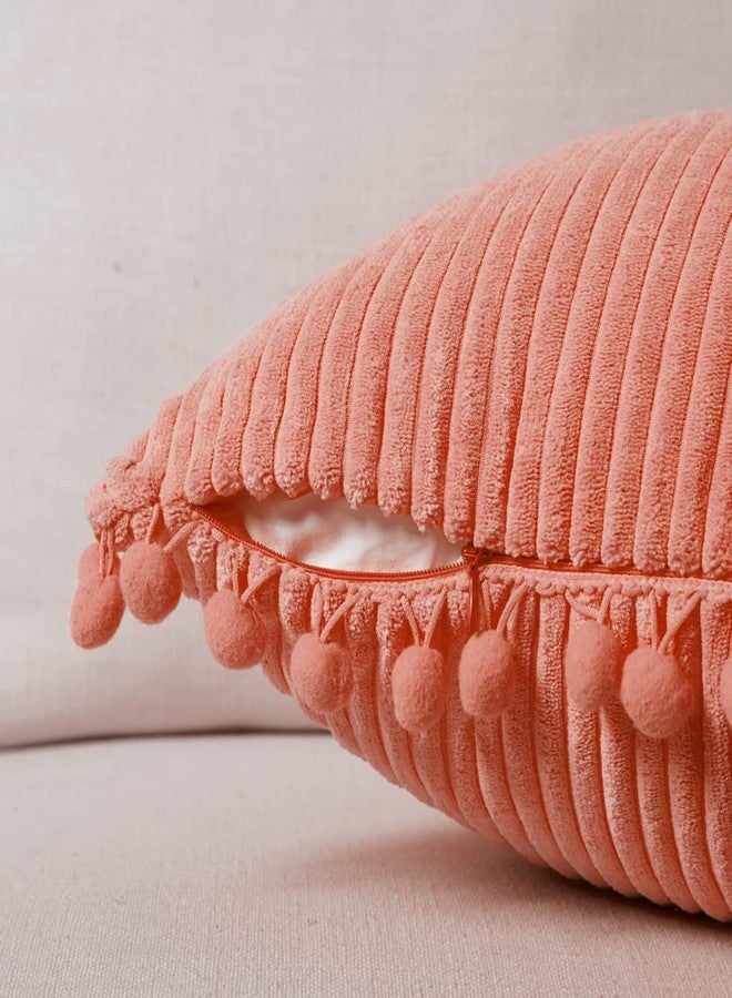 Fancy Homi Pack of 2 Coral Decorative Throw Pillow Covers 18x18 Inch with Pom-poms for Living Room Couch Bedroom, Soft Corduroy Peach Solid Square Cushion Case 45x45 cm, Rustic Farmhouse Home Decor - Image 3